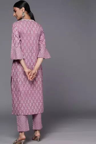 Women Mauve Pure Cotton Ethnic Motifs Printed Kurta with Trousers