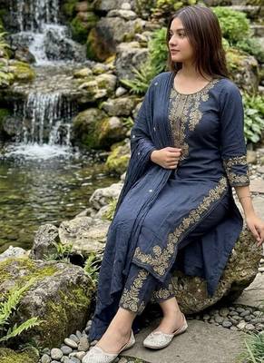 navy blue zari embroidered cotton straight kurta set with dupatta 5