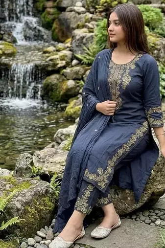 navy blue zari embroidered cotton straight kurta set with dupatta