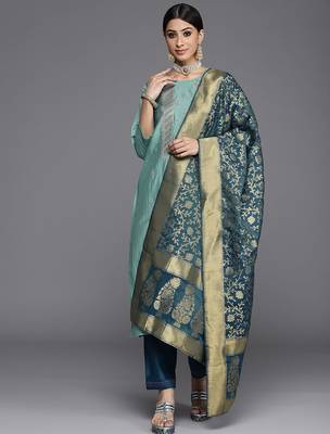 Women Blue Ethnic Motifs Embroidered Kurta with Trousers & Dupatta 1