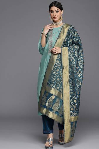 Women Blue Ethnic Motifs Embroidered Kurta with Trousers & Dupatta