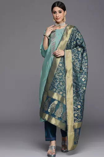 Women Blue Ethnic Motifs Embroidered Kurta with Trousers & Dupatta