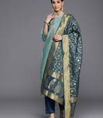 Women Blue Ethnic Motifs Embroidered Kurta with Trousers & Dupatta