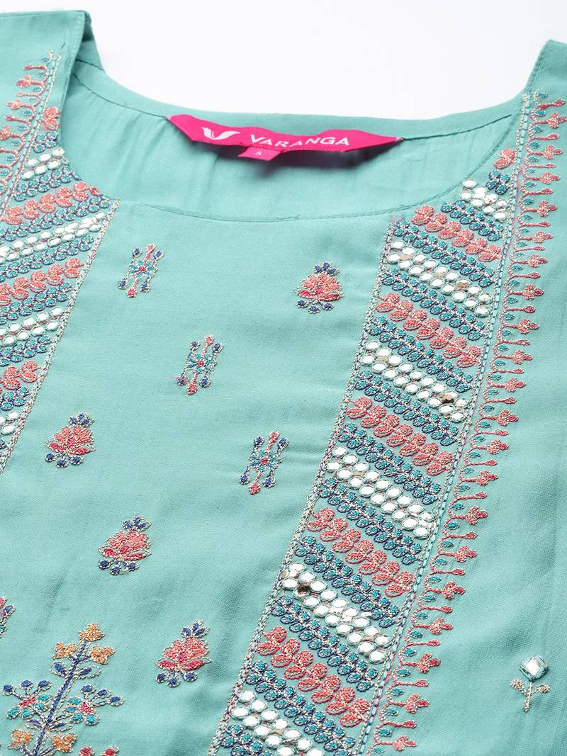 Women Blue Ethnic Motifs Embroidered Kurta with Trousers & Dupatta