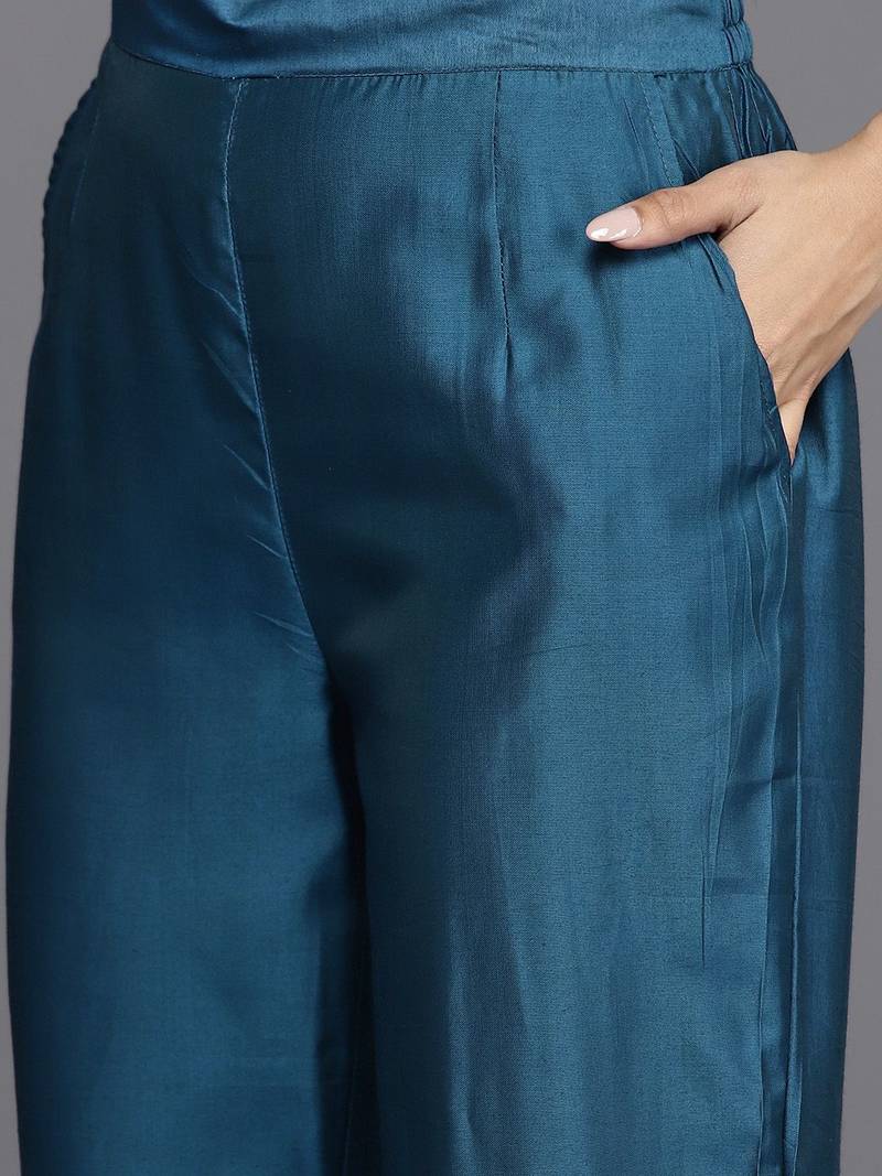 Women Blue Ethnic Motifs Embroidered Kurta with Trousers & Dupatta