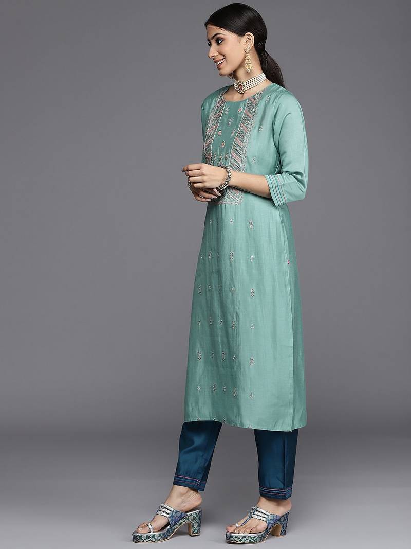 Women Blue Ethnic Motifs Embroidered Kurta with Trousers & Dupatta