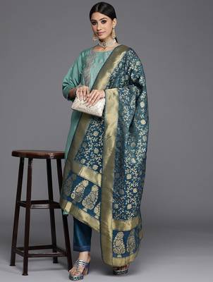 Women Blue Ethnic Motifs Embroidered Kurta with Trousers & Dupatta 6