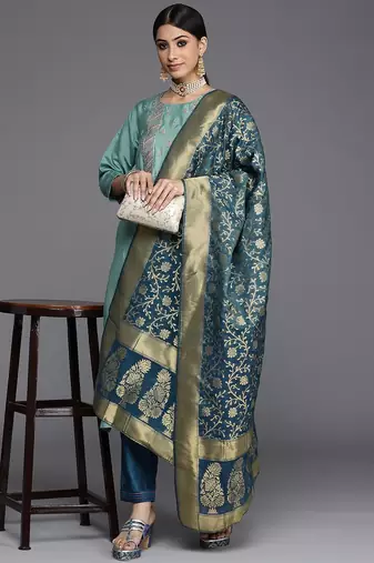 Women Blue Ethnic Motifs Embroidered Kurta with Trousers & Dupatta