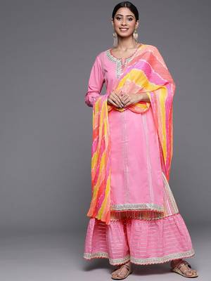 Women Peach-Coloured Ethnic Motifs Pure Cotton Kurta with Sharara & Dupatta 1