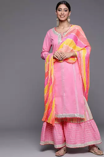 Women Peach-Coloured Ethnic Motifs Pure Cotton Kurta with Sharara & Dupatta