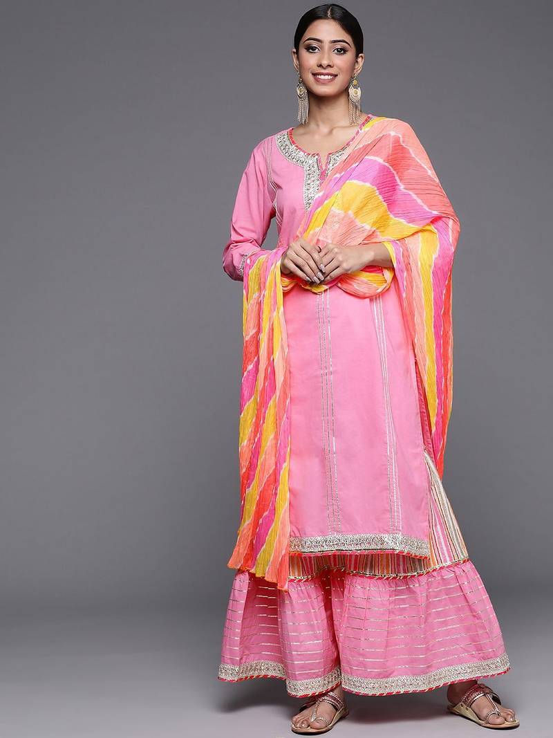 Women Peach-Coloured Ethnic Motifs Pure Cotton Kurta with Sharara & Dupatta