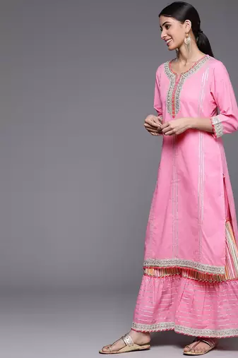 Women Peach-Coloured Ethnic Motifs Pure Cotton Kurta with Sharara & Dupatta