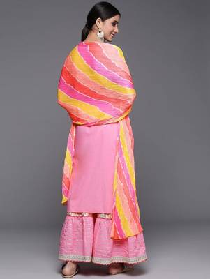 Women Peach-Coloured Ethnic Motifs Pure Cotton Kurta with Sharara & Dupatta 6