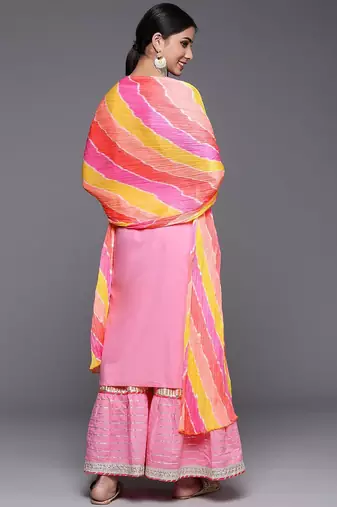 Women Peach-Coloured Ethnic Motifs Pure Cotton Kurta with Sharara & Dupatta