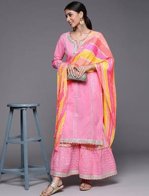 Women Peach-Coloured Ethnic Motifs Pure Cotton Kurta with Sharara & Dupatta 7