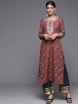Women Maroon Ethnic Motifs Embroidered Kurta with Palazzos 1
