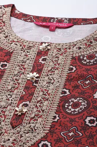 Women Maroon Ethnic Motifs Embroidered Kurta with Palazzos