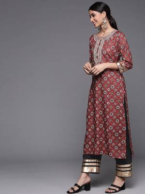 Women Maroon Ethnic Motifs Embroidered Kurta with Palazzos 4
