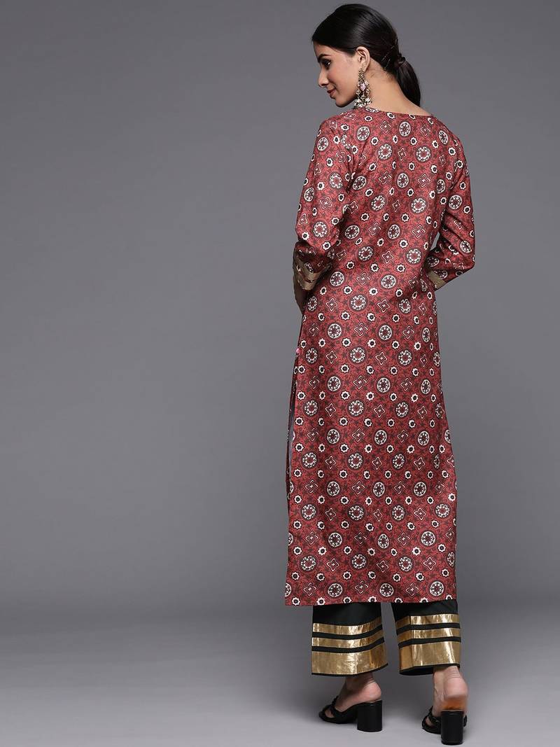 Women Maroon Ethnic Motifs Embroidered Kurta with Palazzos