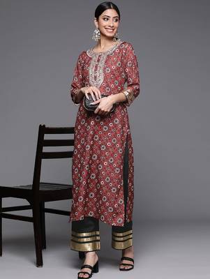 Women Maroon Ethnic Motifs Embroidered Kurta with Palazzos 6