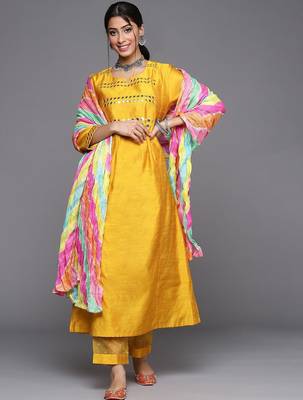 Women Mustard Yellow & Silver Mirror Yoke A-Line Kurta Trousers & Leheriya Dupatta 1