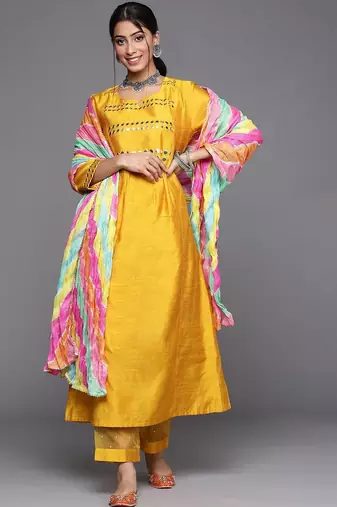 Women Mustard Yellow & Silver Mirror Yoke A-Line Kurta Trousers & Leheriya Dupatta