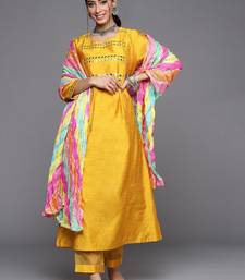 Women Mustard Yellow & Silver Mirror Yoke A-Line Kurta Trousers & Leheriya Dupatta