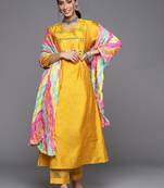 Women Mustard Yellow & Silver Mirror Yoke A-Line Kurta Trousers & Leheriya Dupatta