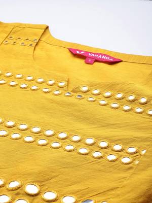 Women Mustard Yellow & Silver Mirror Yoke A-Line Kurta Trousers & Leheriya Dupatta 2