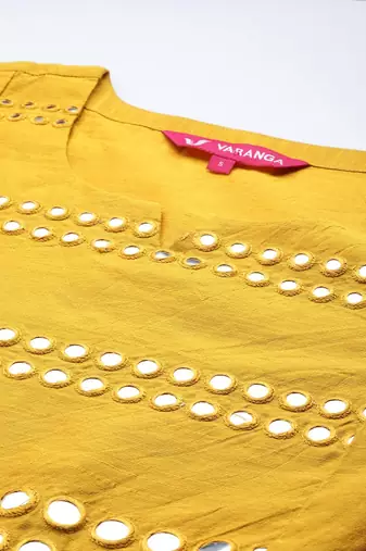 Women Mustard Yellow & Silver Mirror Yoke A-Line Kurta Trousers & Leheriya Dupatta