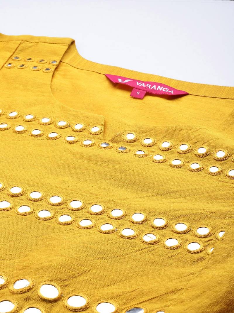 Women Mustard Yellow & Silver Mirror Yoke A-Line Kurta Trousers & Leheriya Dupatta