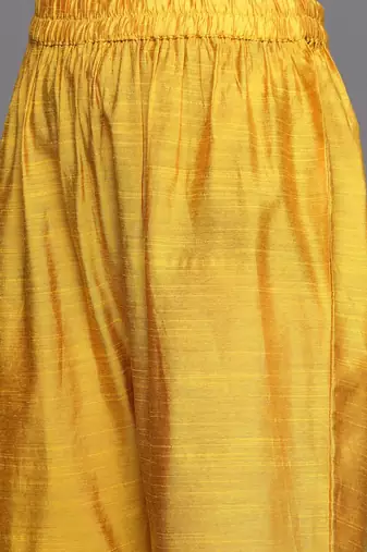 Women Mustard Yellow & Silver Mirror Yoke A-Line Kurta Trousers & Leheriya Dupatta