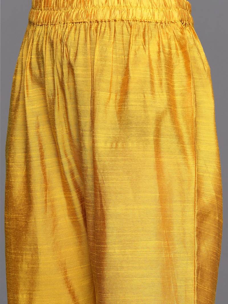 Women Mustard Yellow & Silver Mirror Yoke A-Line Kurta Trousers & Leheriya Dupatta