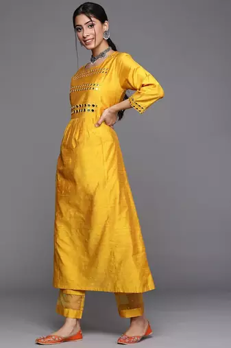 Women Mustard Yellow & Silver Mirror Yoke A-Line Kurta Trousers & Leheriya Dupatta