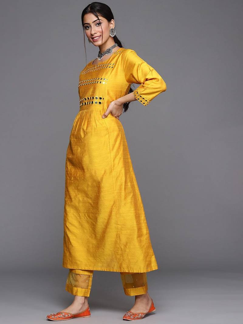 Women Mustard Yellow & Silver Mirror Yoke A-Line Kurta Trousers & Leheriya Dupatta