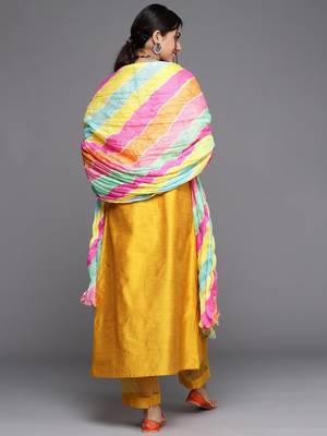 Women Mustard Yellow & Silver Mirror Yoke A-Line Kurta Trousers & Leheriya Dupatta 6