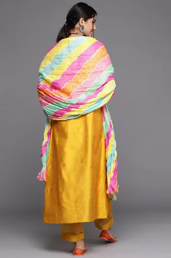 Women Mustard Yellow & Silver Mirror Yoke A-Line Kurta Trousers & Leheriya Dupatta
