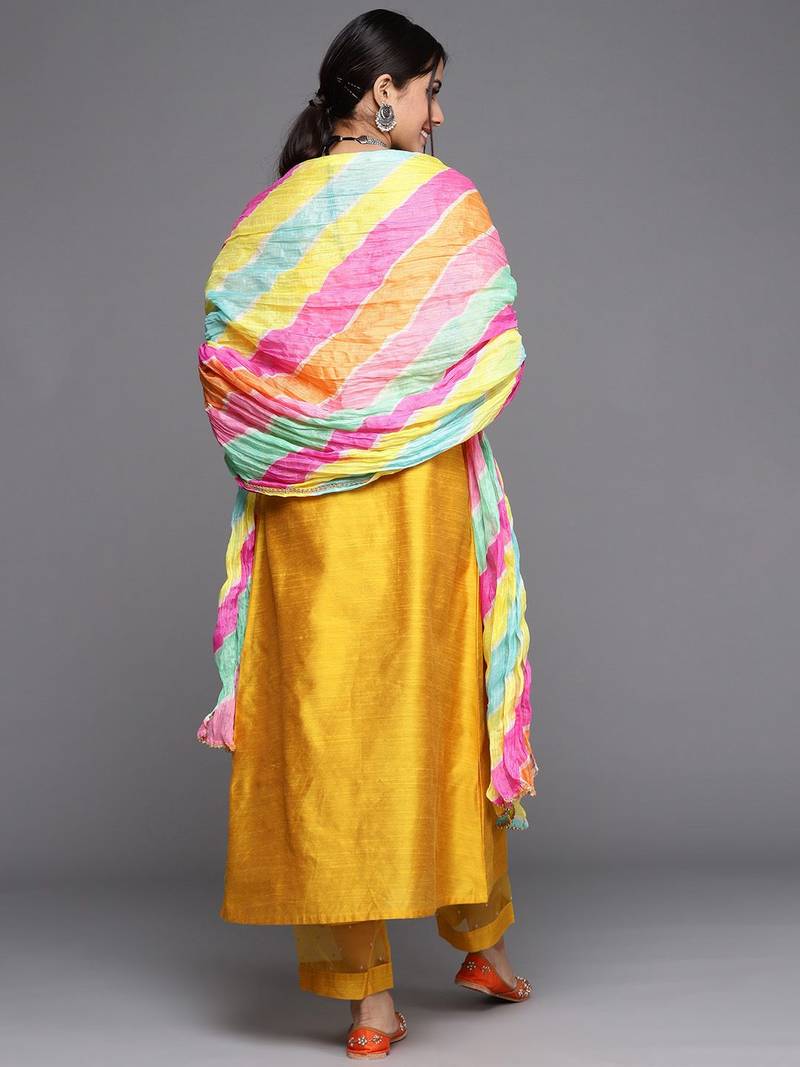 Women Mustard Yellow & Silver Mirror Yoke A-Line Kurta Trousers & Leheriya Dupatta