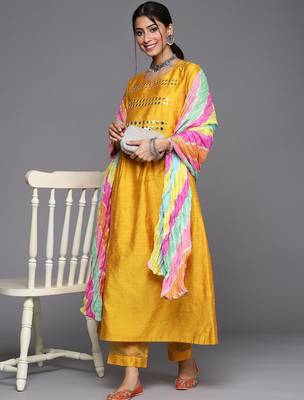 Women Mustard Yellow & Silver Mirror Yoke A-Line Kurta Trousers & Leheriya Dupatta 7