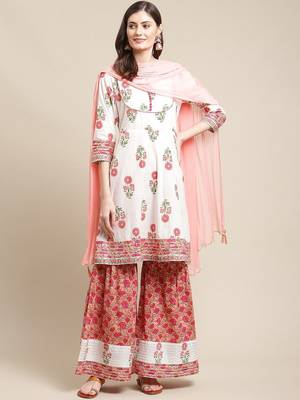 Women White Floral Printed Kurta with Sharara & With Dupatta 1