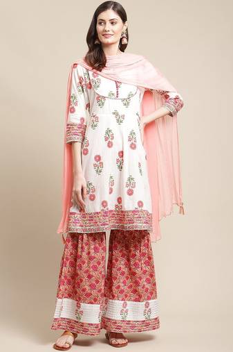 Women White Floral Printed Kurta with Sharara & With Dupatta