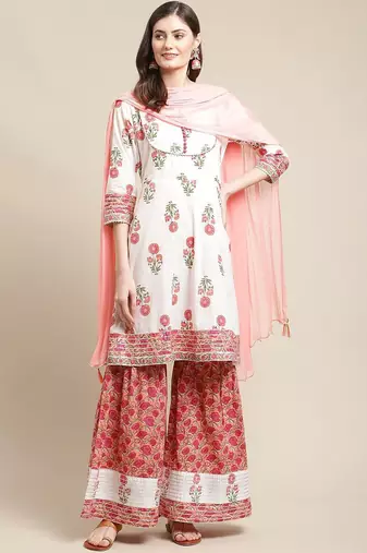 Women White Floral Printed Kurta with Sharara & With Dupatta