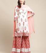 Women White Floral Printed Kurta with Sharara & With Dupatta