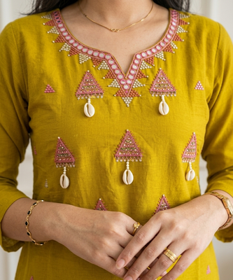Beautiful jaipuri mustard yellow embroidered cotton-blend straight salwar suit set 5