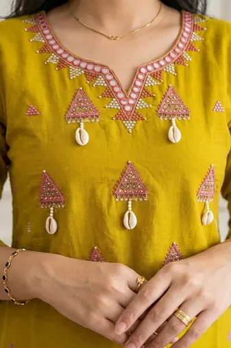 Beautiful jaipuri mustard yellow embroidered cotton-blend straight salwar suit set