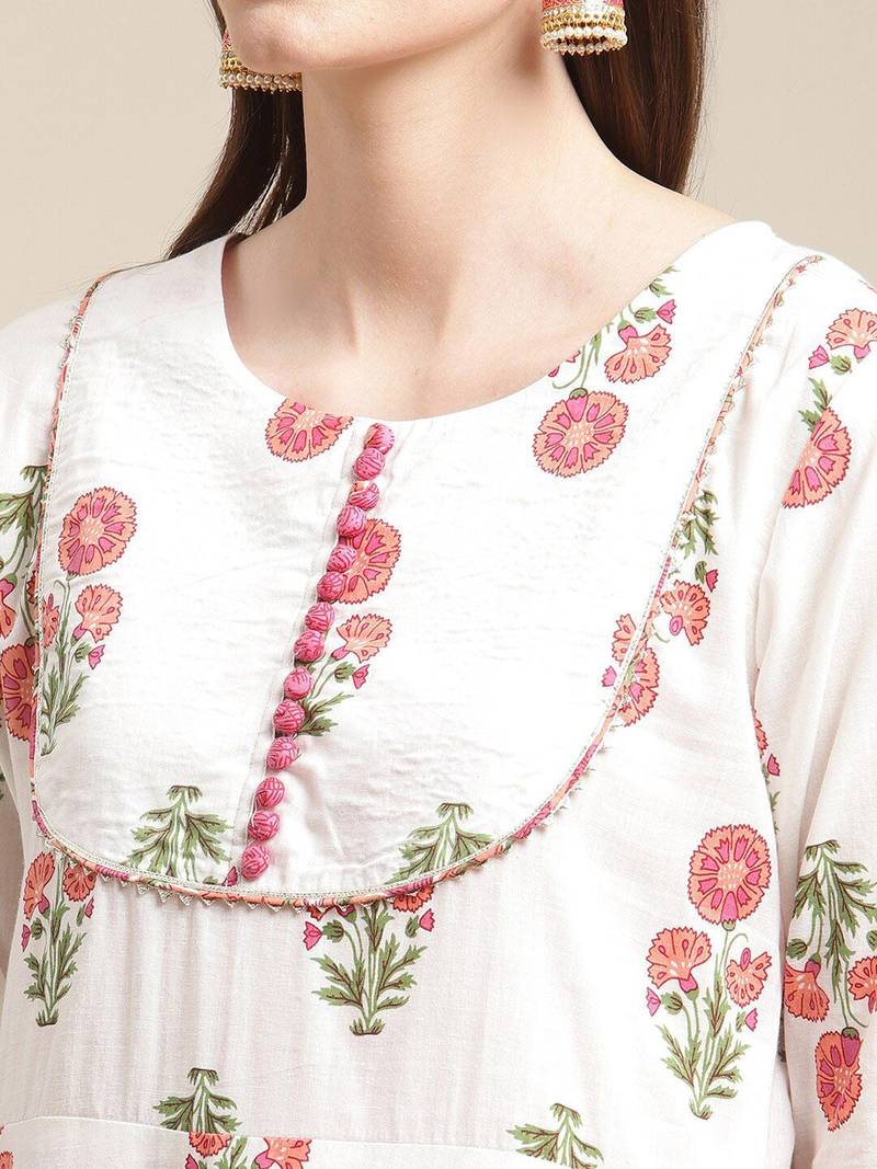 Women White Floral Printed Kurta with Sharara & With Dupatta