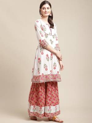 Women White Floral Printed Kurta with Sharara & With Dupatta 5
