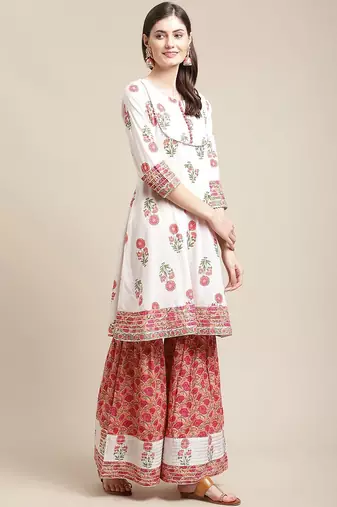 Women White Floral Printed Kurta with Sharara & With Dupatta