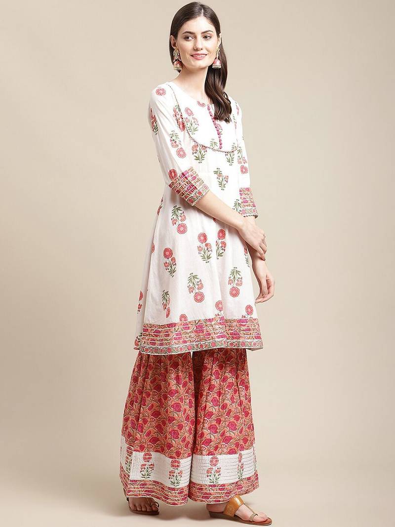 Women White Floral Printed Kurta with Sharara & With Dupatta