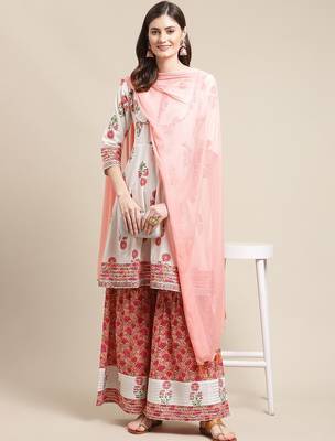 Women White Floral Printed Kurta with Sharara & With Dupatta 6